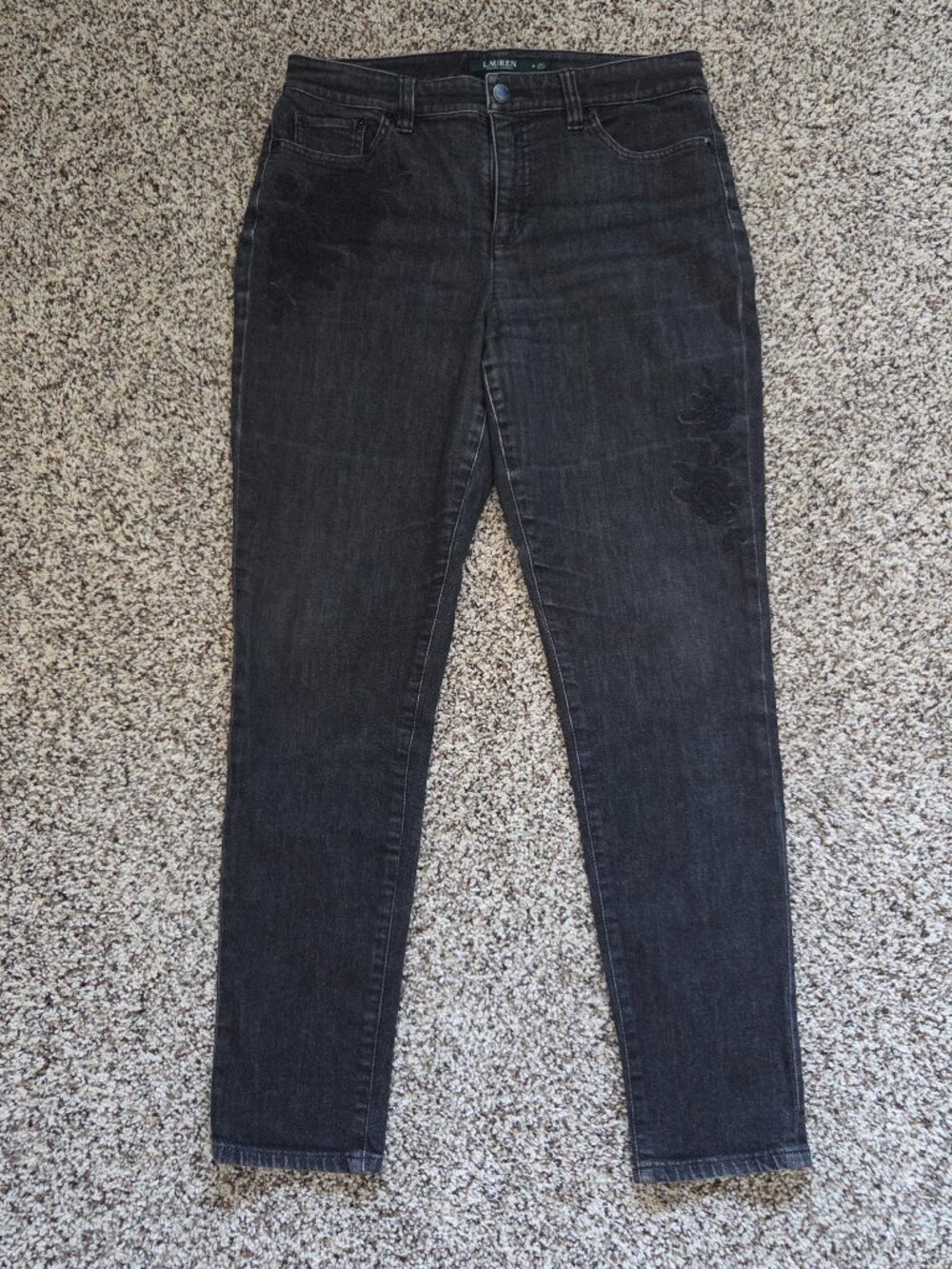 Lauren Ralph Lauren Jeans Womens 8 Black Denim Embroidered Rose Straight Leg